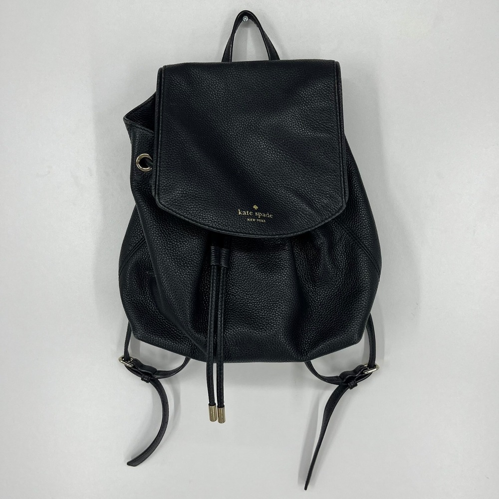 Kate Spade New York Black Pebbled Leather Drawstring Flap Backpack Small
